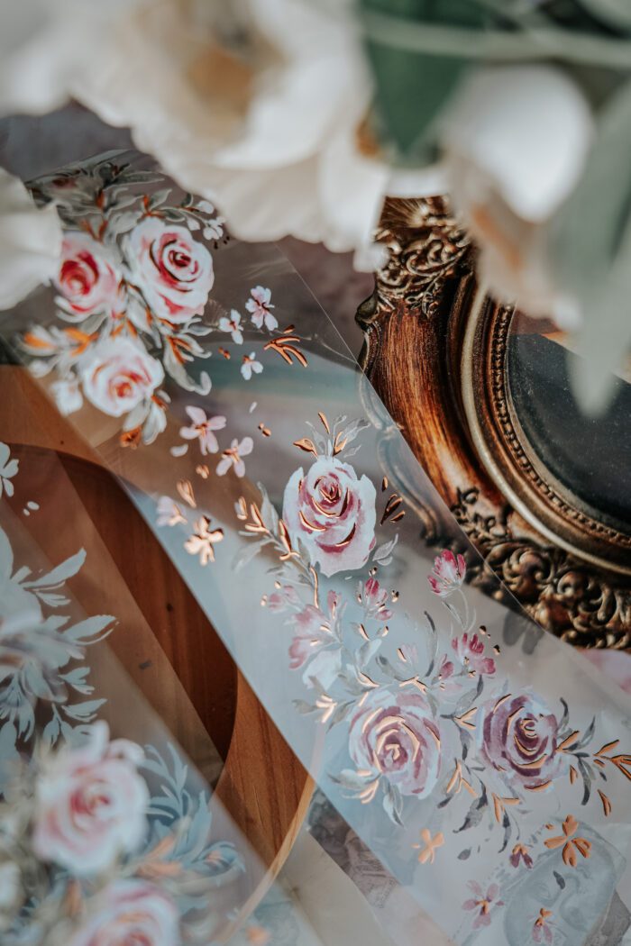 Meow Illustration Glossy PET Tape With Gold Rose "Summer Roses"