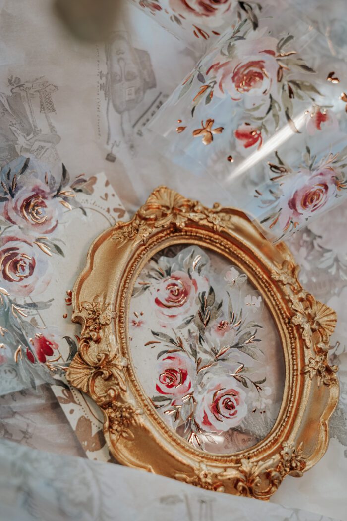 Meow Illustration Glossy PET Tape With Gold Rose "Summer Roses"