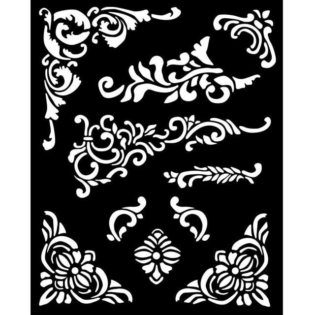 Stamperia Thick Stencil "Vintage Library - Corners and embellishment"